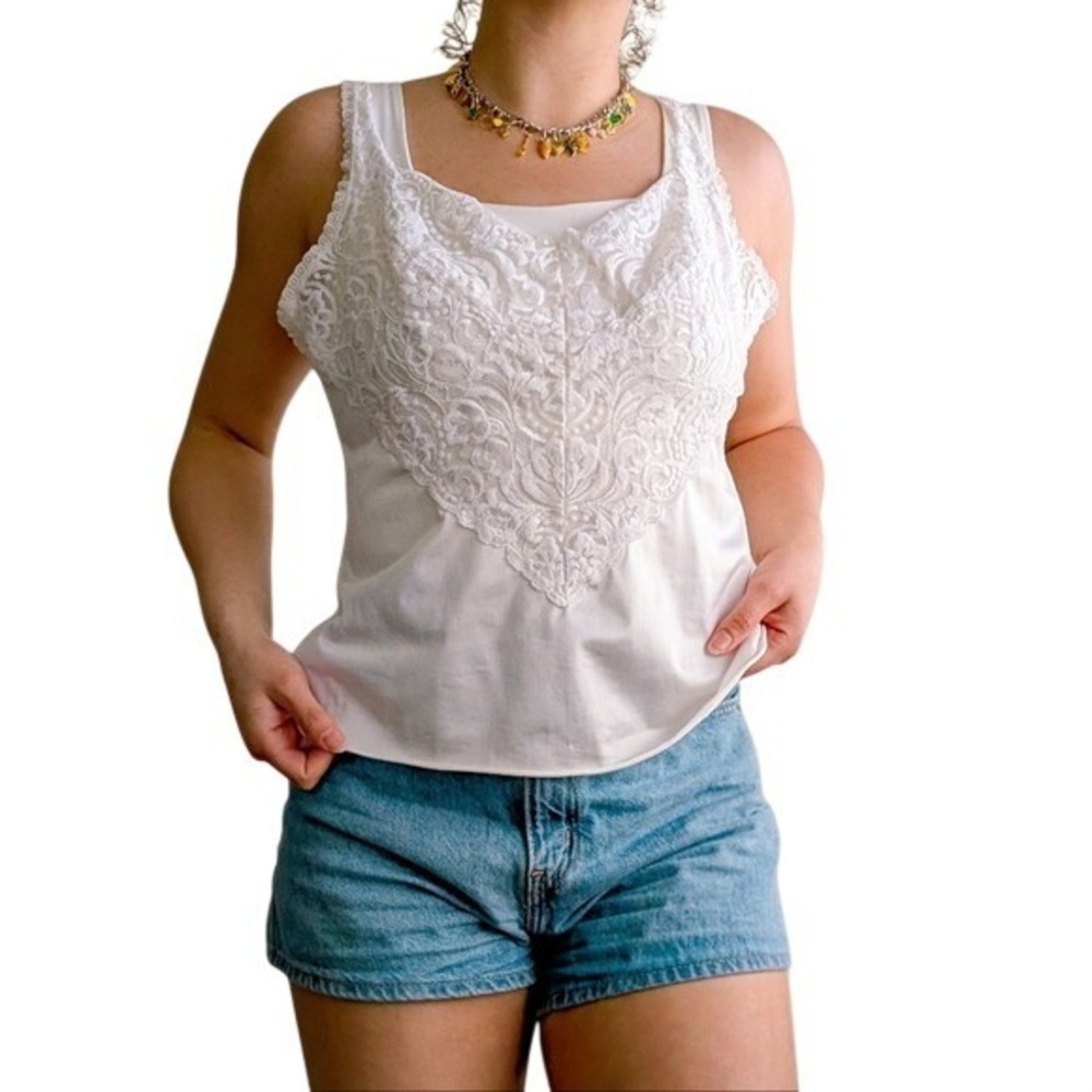 Vanity Fair Vintage 70s Ethereal Whimsy Coquette White Lace Satin Camisole